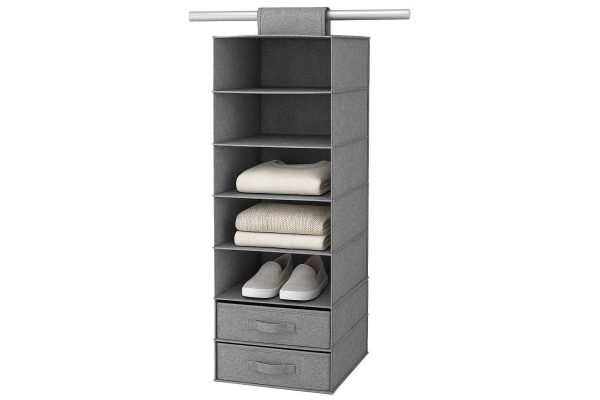 Hanging Wardrobe Organizer with 5 Shelves and Drawers Collapsible Canvas Closet Storage System for Clothes Sweaters Shoes Space Saving Gray