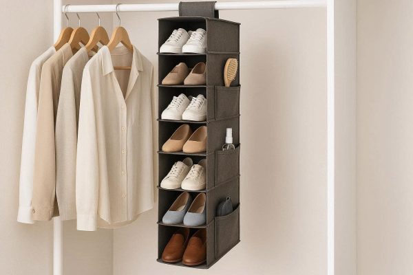 Hanging Shoe Organizer for Wardrobe Closet 10 Tier Narrow Storage Shelves for 10 Pairs of Shoes Space Saving Fabric Rack with Side Pockets