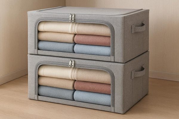 Foldable Wardrobe Clothes Organizer with Steel Frame Set of 2 Fabric Storage Boxes with Clear Window and Handles for Stackable Closet