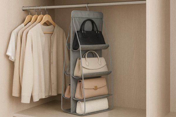 Hanging Handbag Organizer for Wardrobe Closet 6 Pocket Clear Plastic Purse Holder for Handbags and Clutches Dust Proof Storage Gray